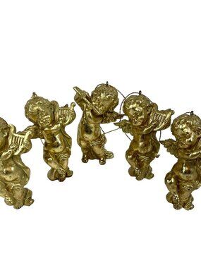 Cherub Angel Gold Ornament Harp Lute Flute Resin Christmas Figure 4” Lot Of 5